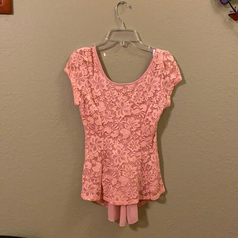 Pink lace shirt by ‘Chocolate USA’ with bow- Small